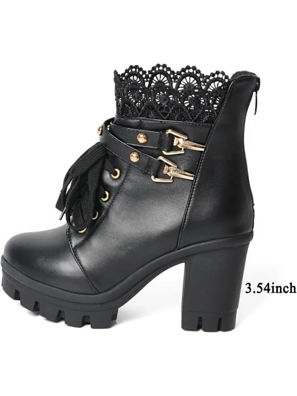 Women's Black Microfiber High Chunky Heel Lace Buckle Combat Ankle Booties